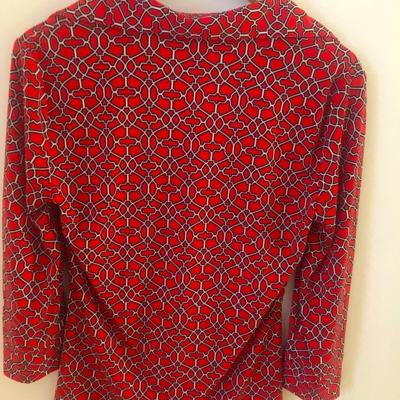Laundry Shelly Segal Top S 3/4 Sleeve Ruched Button Down Bold Red Pattern - Picture 2 of 6